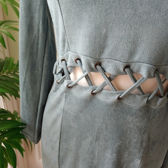 Charlotte Russe Suede Cutout Lace Up Long Sleeve Mini Dress Grey Blue Medium - Picture 4 of 8